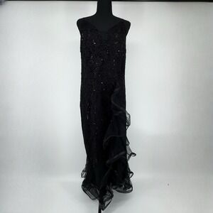 Candalite Womens 1X Black Lace Sequin Evening Gown Dress Formal Ruffled Hem Maxi